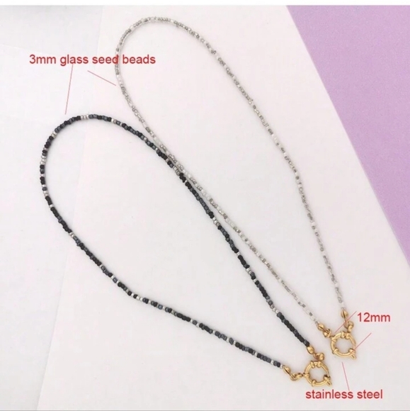 🩶🤍NEW🩶🤍 PRETTY!! SS 3MM Glass Bead Anchor Necklace in GREY,SILVER, &WHITE - Picture 2 of 13